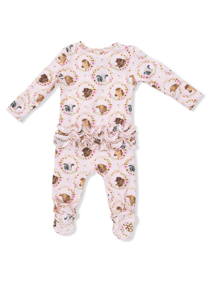 Pink infant pajama set with animal print and ruffle detailing on the waist. Features footed bottoms for warmth.