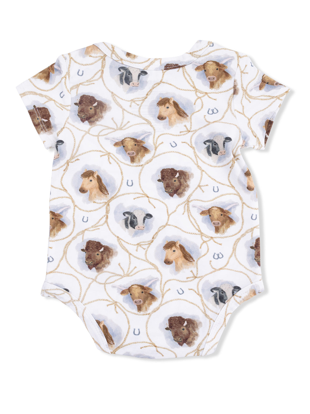 White baby onesie with watercolor animal faces, including horses, cows, and goats, in a playful pattern.