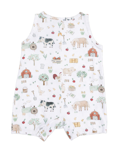 White children's romper featuring farm animal and plant illustrations. Ideal for casual summer wear.