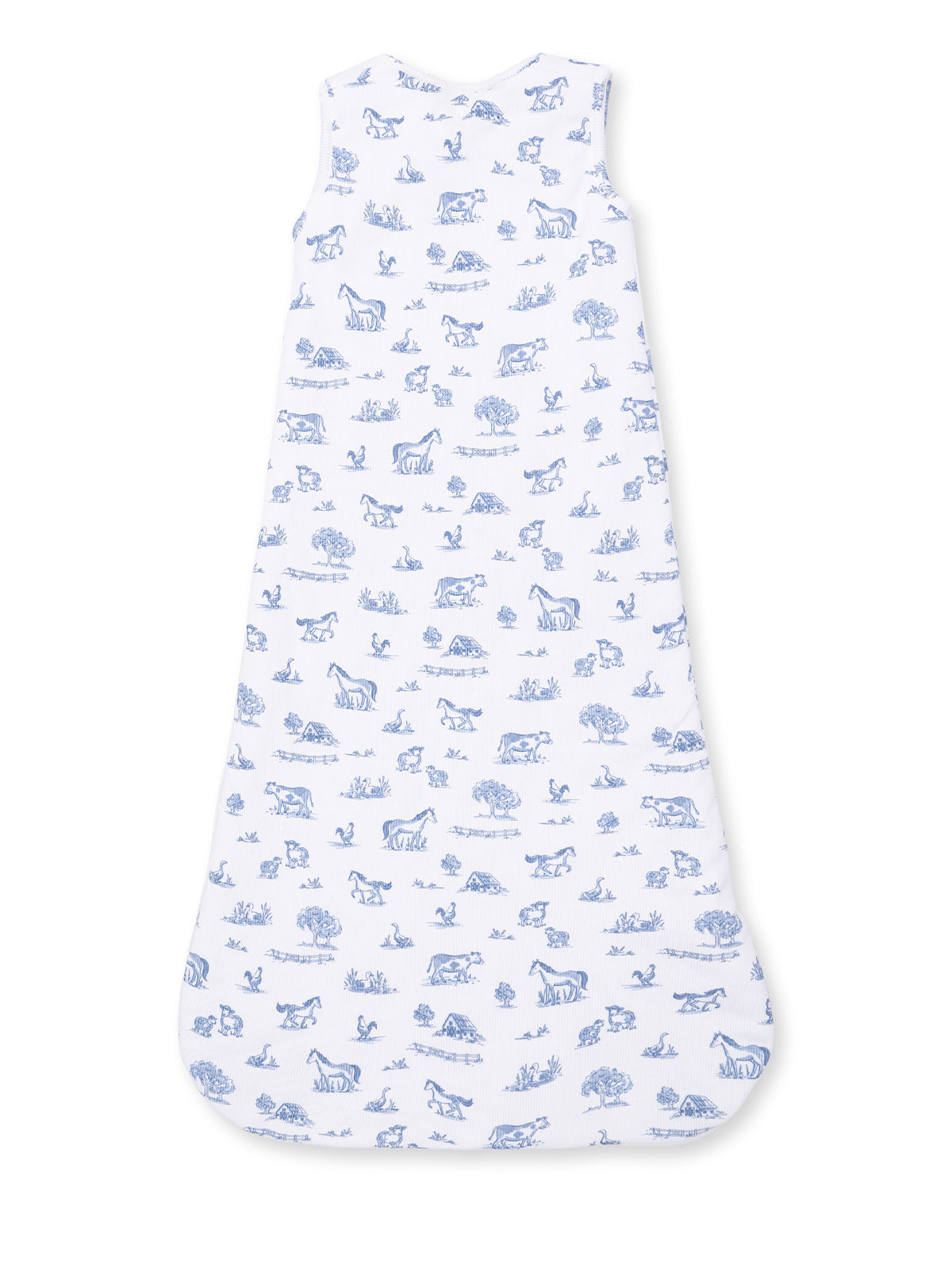 White sleep sack with blue farm animal and nature print, featuring horses, cows, trees, and birds.