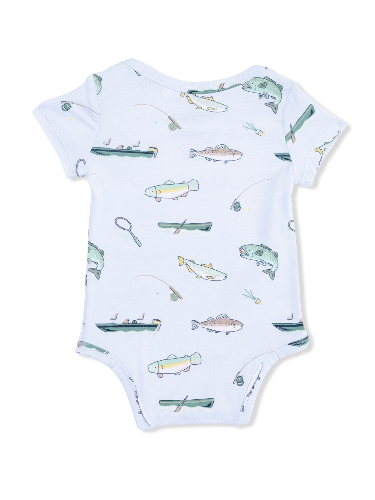 Light blue baby onesie featuring playful fishing-themed illustrations of fish and fishing gear.