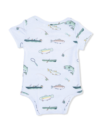 Light blue baby onesie featuring playful fishing-themed illustrations of fish and fishing gear.