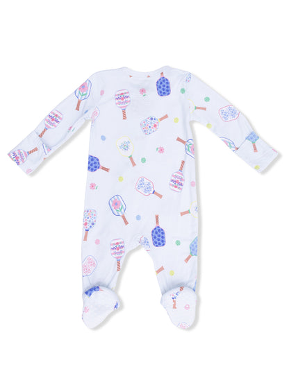 Light blue baby romper with colorful floral and ice cream motifs, featuring footed legs and long sleeves.
