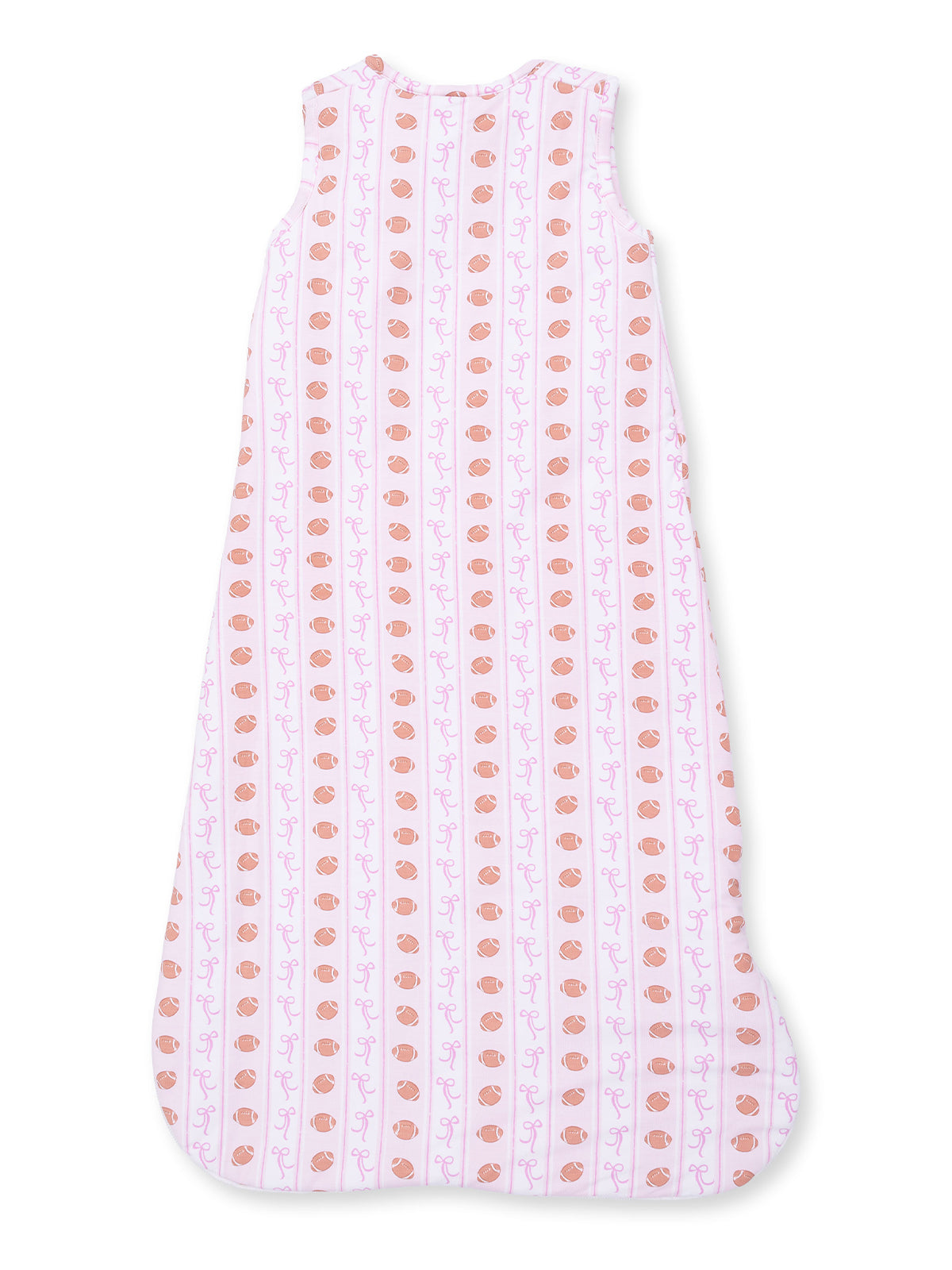 Light pink sleeping bag with cute patterns of orange cups and purple swirls, designed for infants.