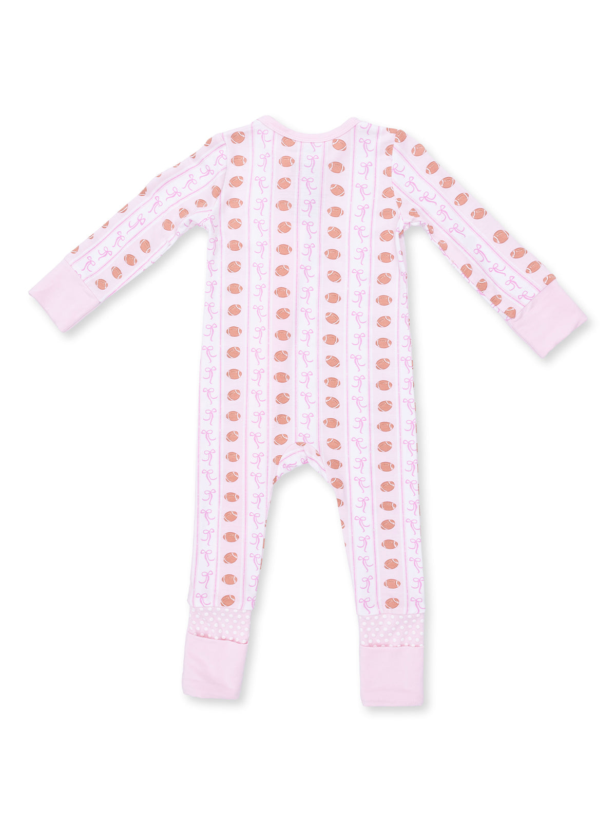 Pink infant onesie with playful patterns of bows and yarn balls, featuring long sleeves and footed design.