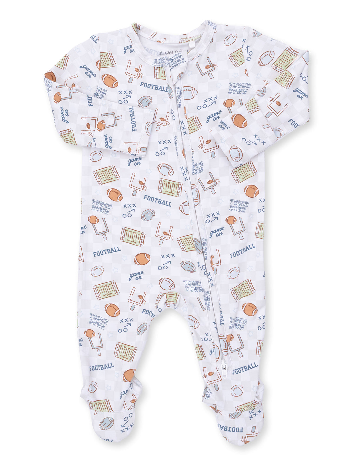 White baby onesie featuring a playful football pattern and text like "Touch Down" and "Game On."