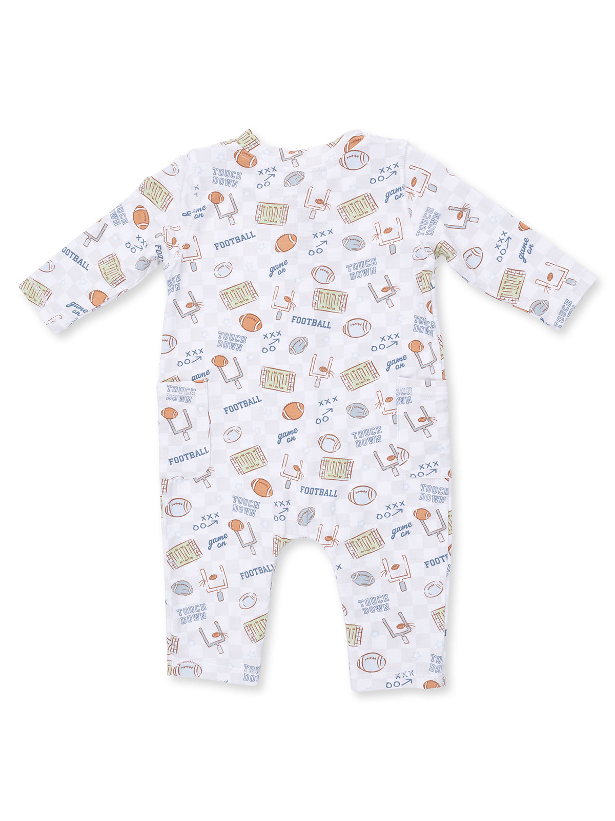 White baby onesie with colorful football-themed patterns, including footballs, goalposts, and text.