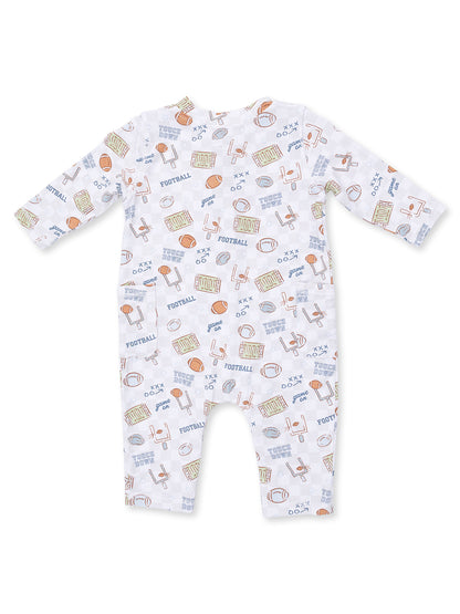 White baby onesie with colorful football-themed patterns, including footballs, goalposts, and text.