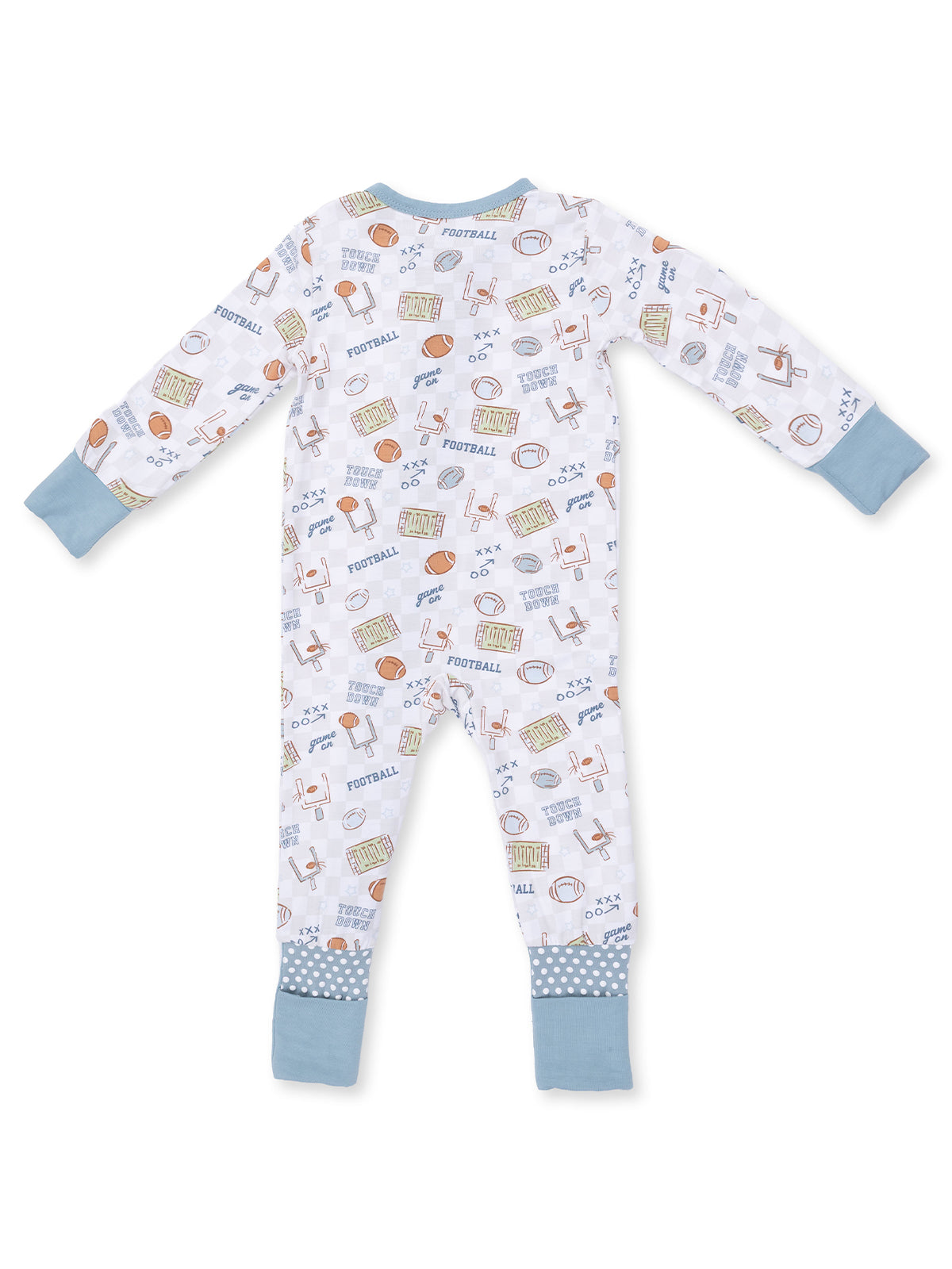 White footed pajama with blue cuffs, featuring a playful football pattern. Perfect for cozy sleepwear.