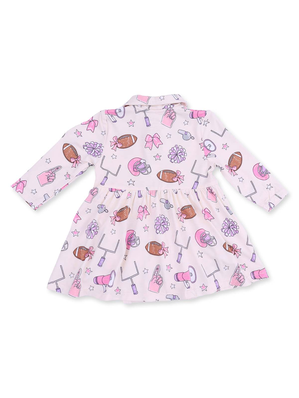 Back view of a pink dress with playful sports and cheer-themed illustrations. Perfect for young fans!