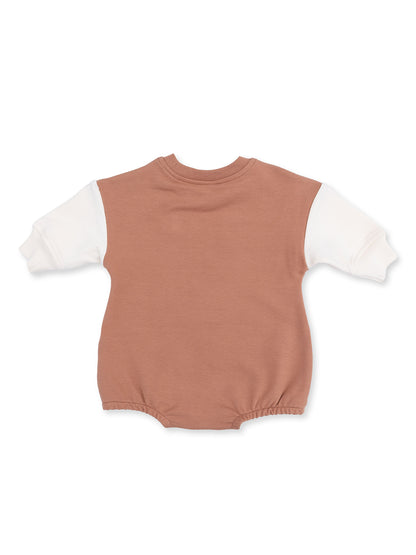 Back view of a toddler's romper, featuring a brown body and white sleeves. Ideal for casual wear.
