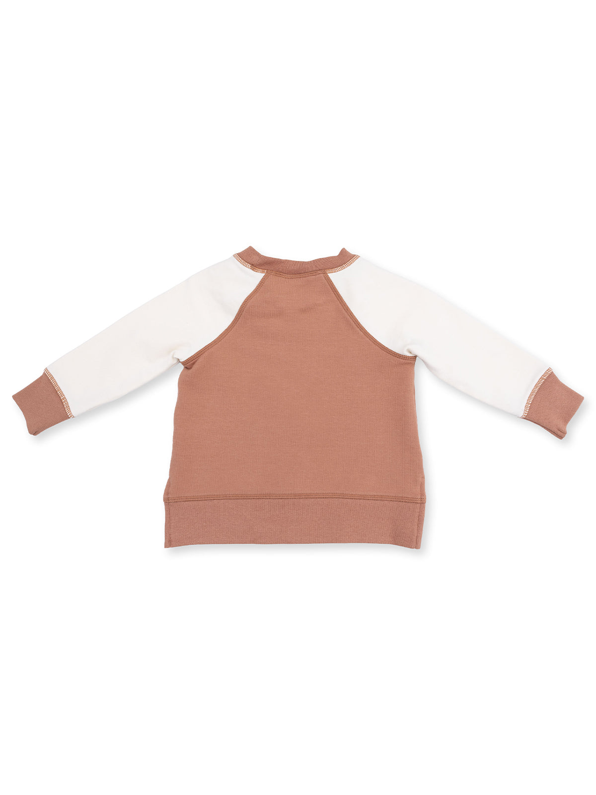 Back view of a brown and cream toddler sweatshirt with raglan sleeves. Ideal for casual wear.