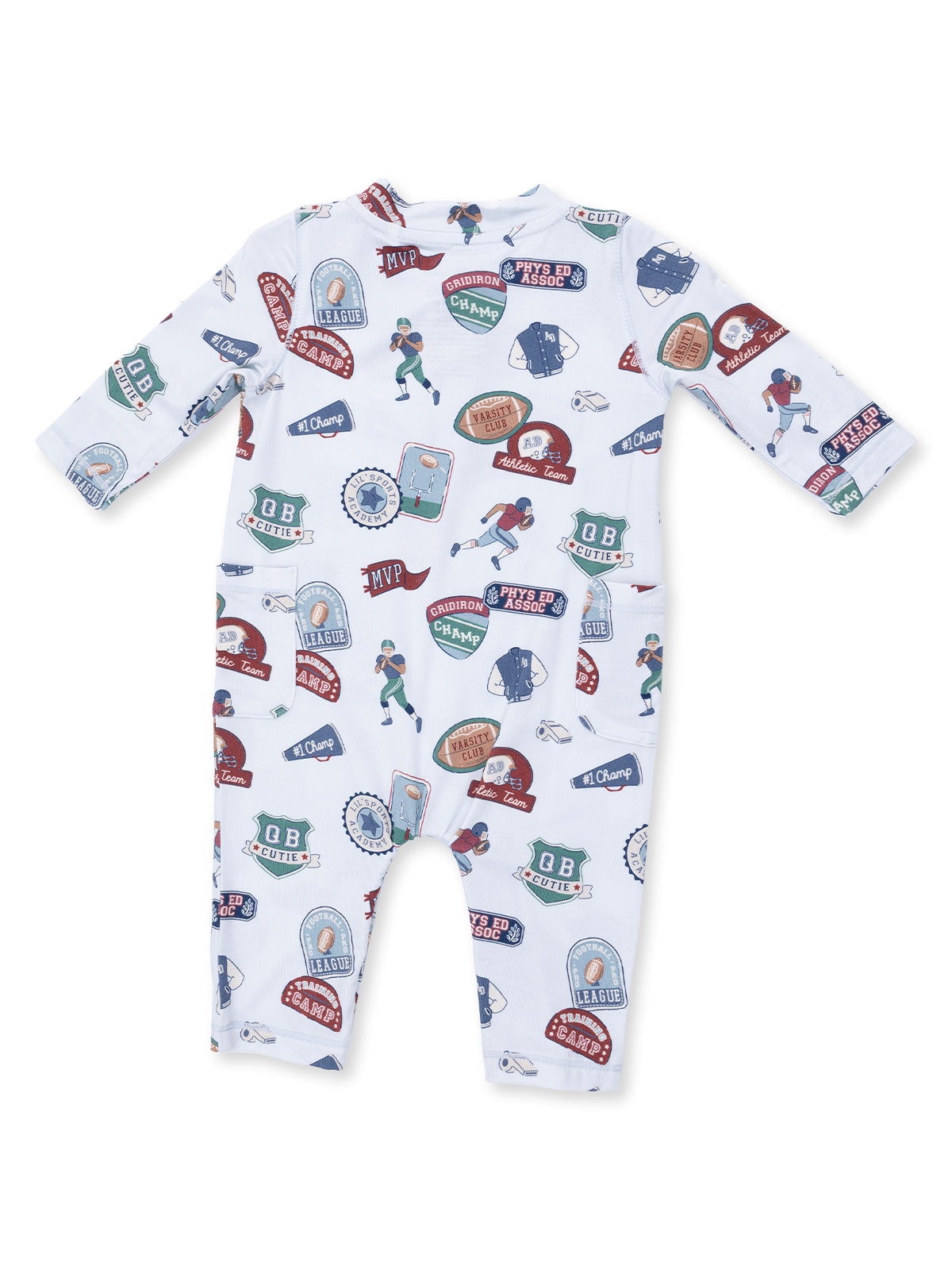 Baby onesie covered in colorful sports badges and cartoon characters, featuring playful football and athletic motifs.