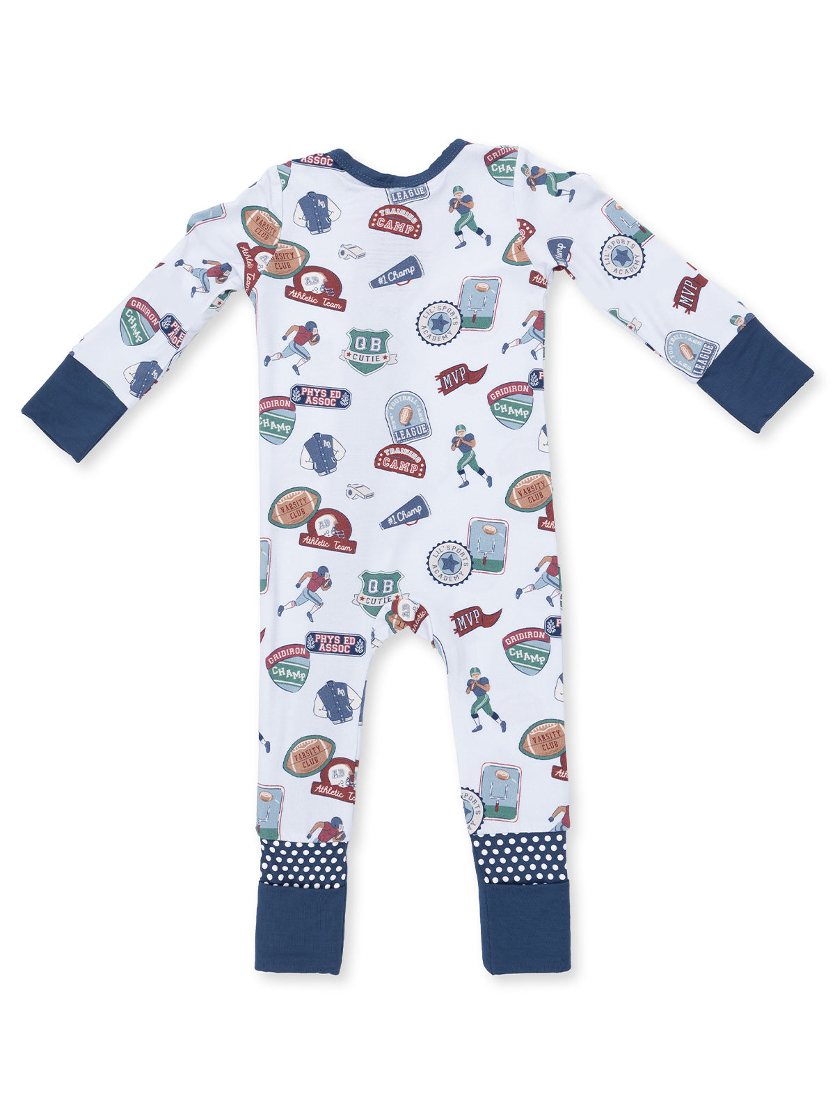 White onesie with colorful sports-themed patches and navy blue cuffs. Perfect for active little ones.