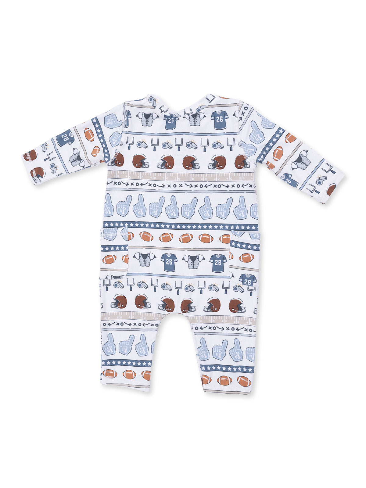 Football-themed infant onesie with various sports icons in blue and brown colors.