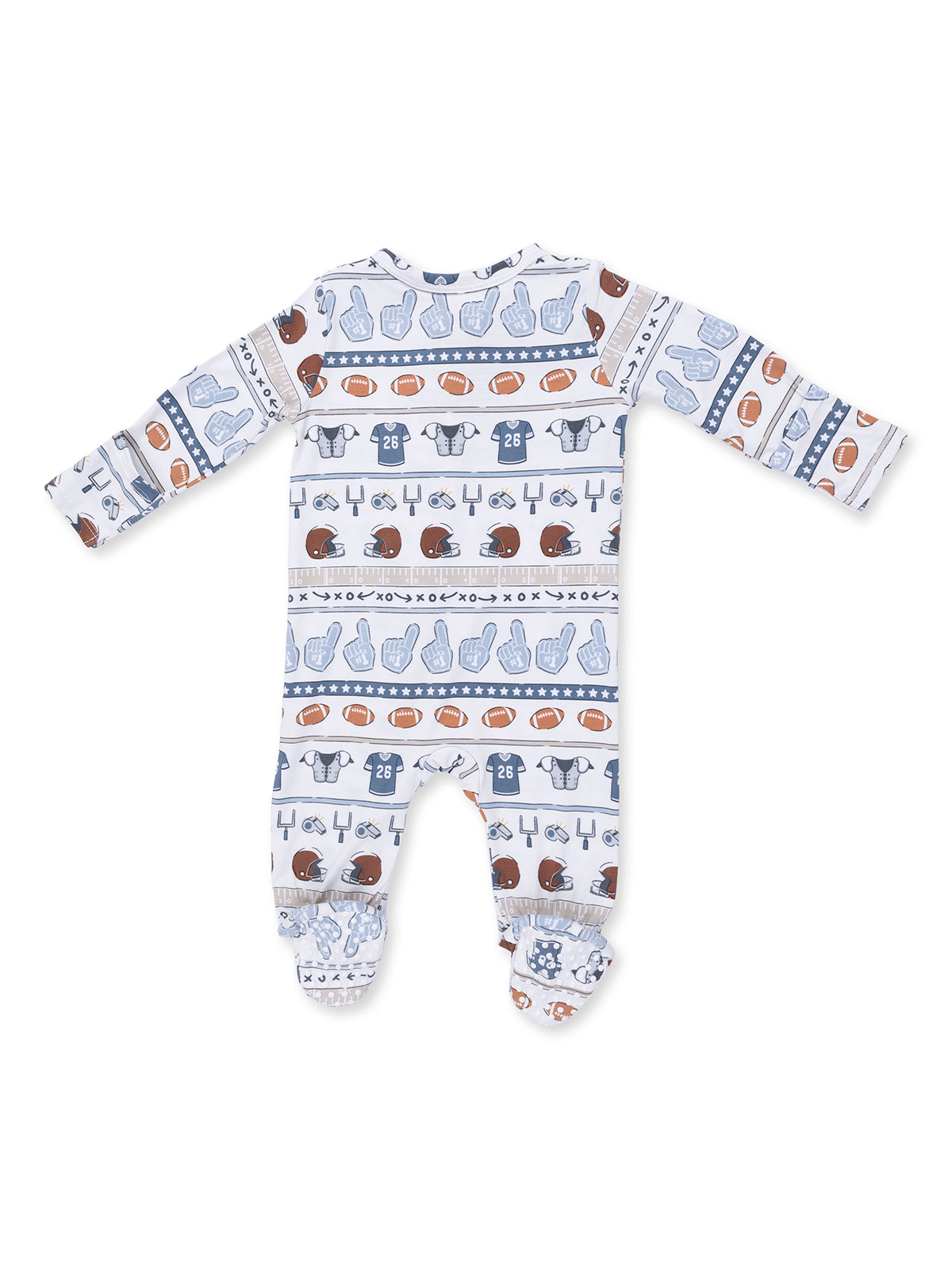 Baby onesie with sports-themed patterns, including footballs, helmets, and hand gestures, in blue and white.