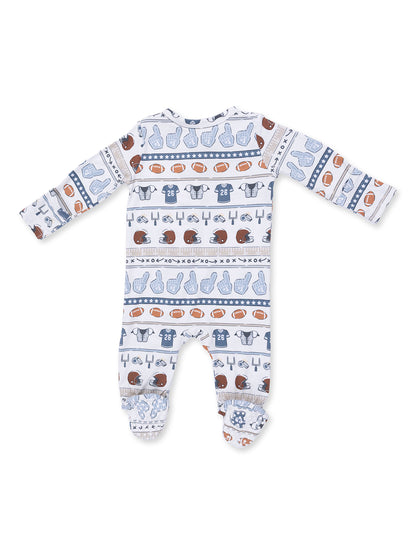 Baby onesie with sports-themed patterns, including footballs, helmets, and hand gestures, in blue and white.
