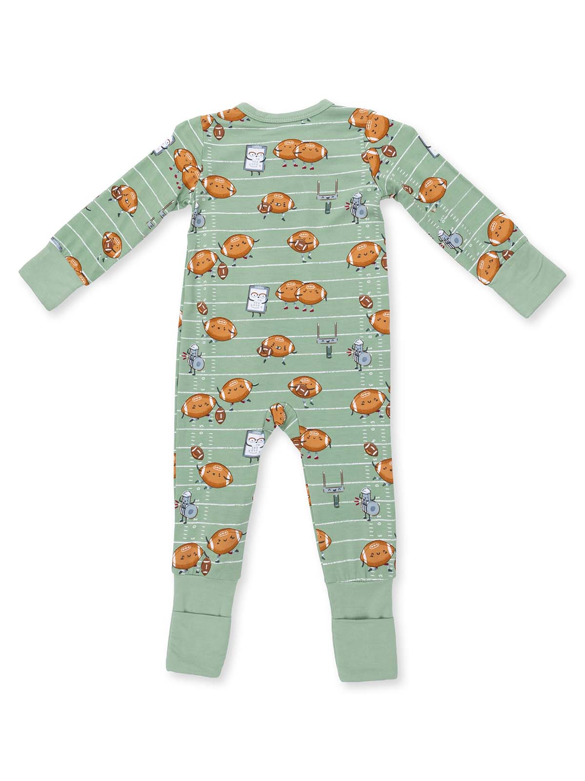 Green pajamas with a playful football and cookie pattern, featuring a cozy crew neck and long sleeves.