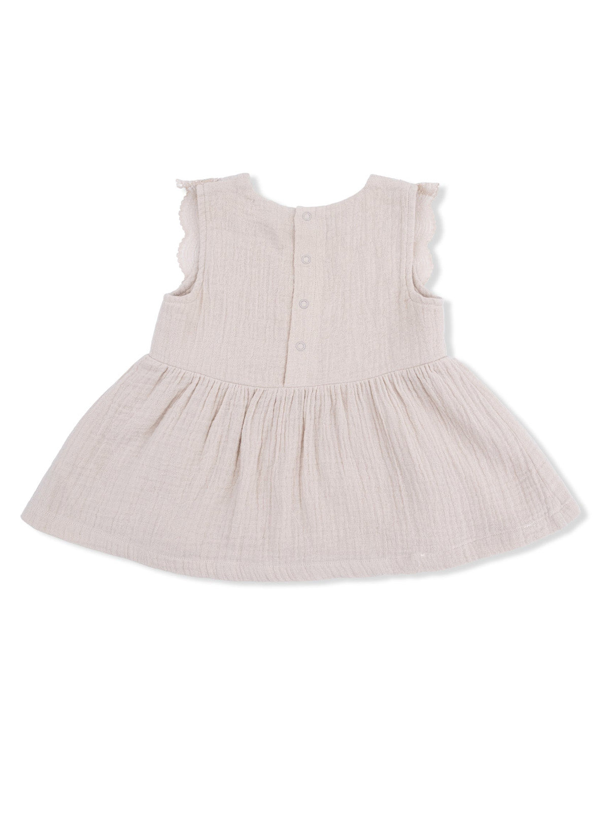 Light beige dress with ruffled sleeves and a flared skirt, featuring a button closure at the back.