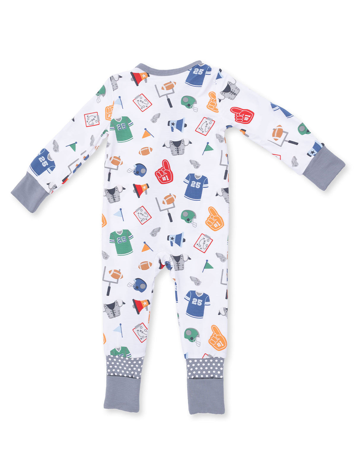 White onesie with sports-themed prints, including jerseys, balls, and accessories, in vibrant colors.