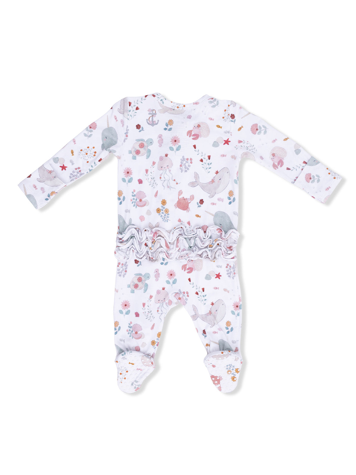White baby onesie with colorful sea creature and flower patterns, featuring a ruffled back and footed design.