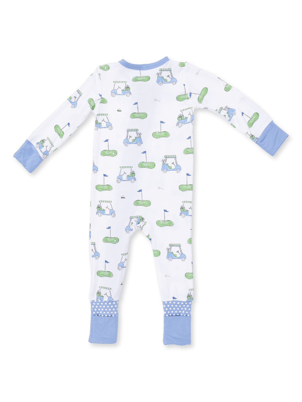 White baby onesie with golf theme, featuring golf carts and greens, in blue and green colors, with polka dot cuffs.