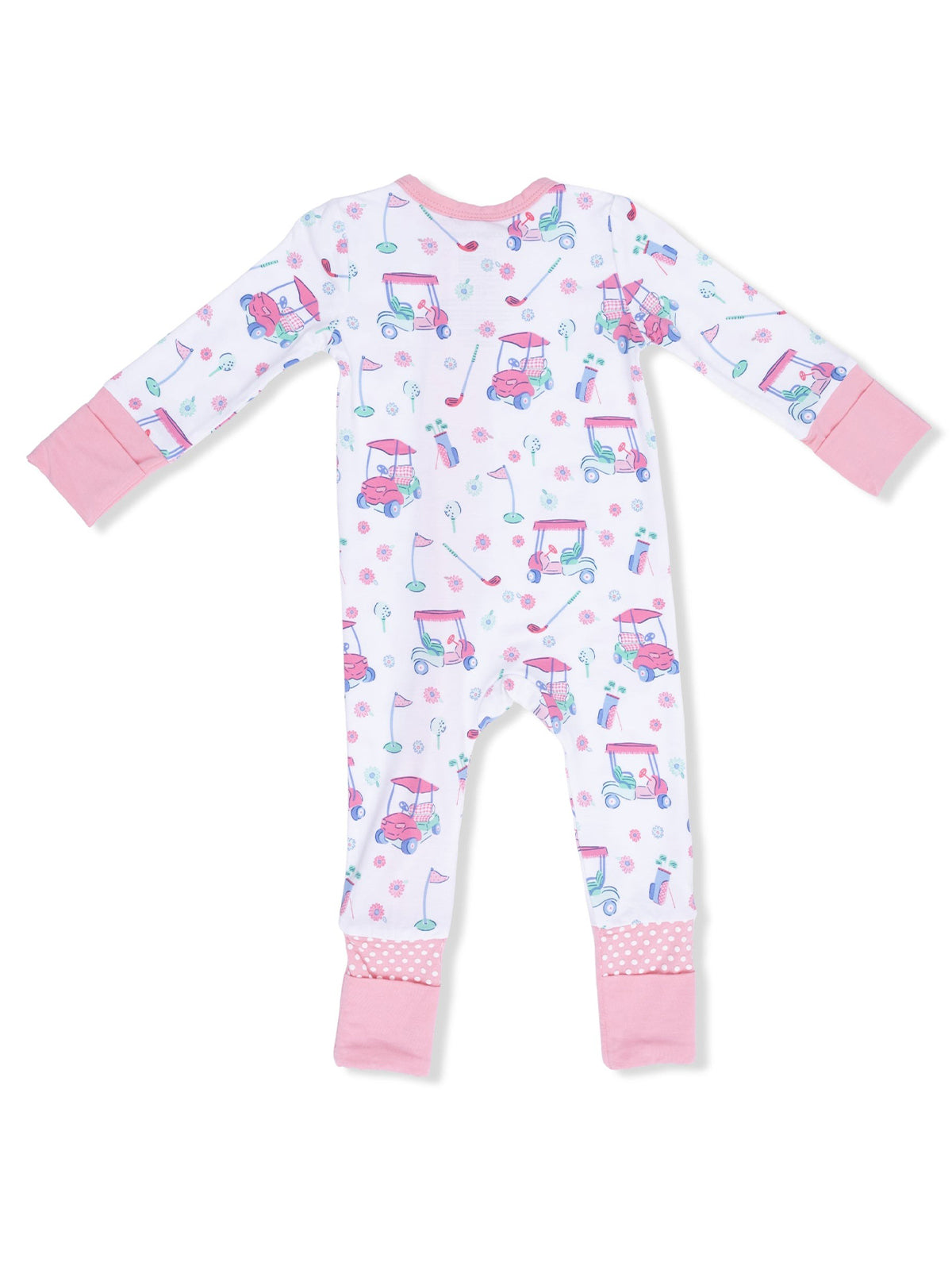 White infant pajamas with pink accents, featuring playful golf cart and flower patterns. Long sleeves and footed design.