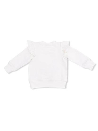 White long-sleeve sweatshirt with ruffled shoulder details, viewed from the back.