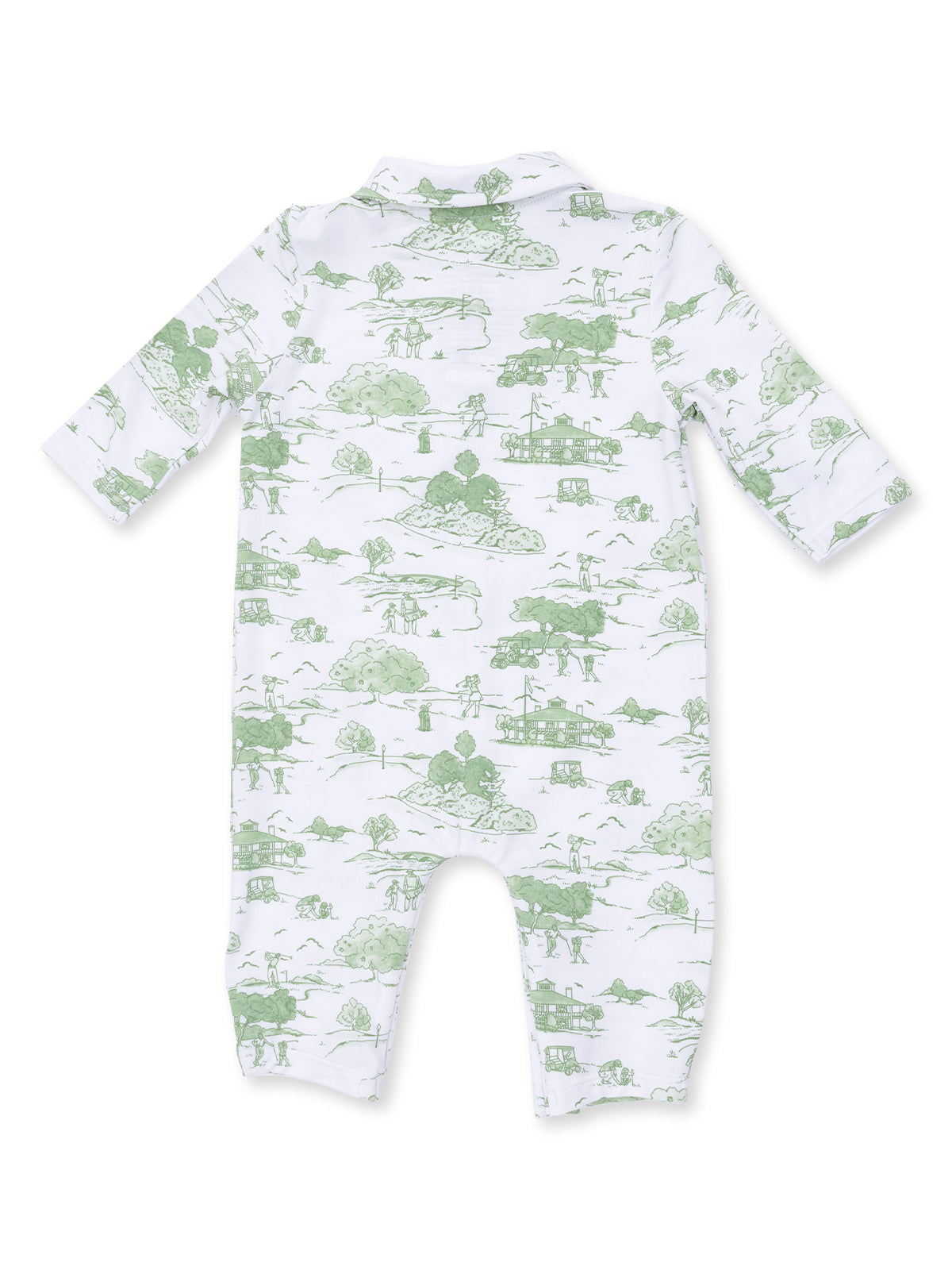 Back view of a children's romper with green outdoor-themed illustrations on a white background.