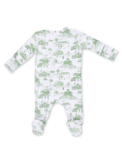 White onesie with green outdoor-themed illustrations, featuring long sleeves and footed design. Back view shown.