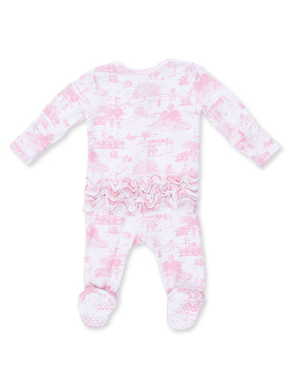 Pink ruffled baby footed onesie featuring a scenic print on the back. Perfect for cozy wear.