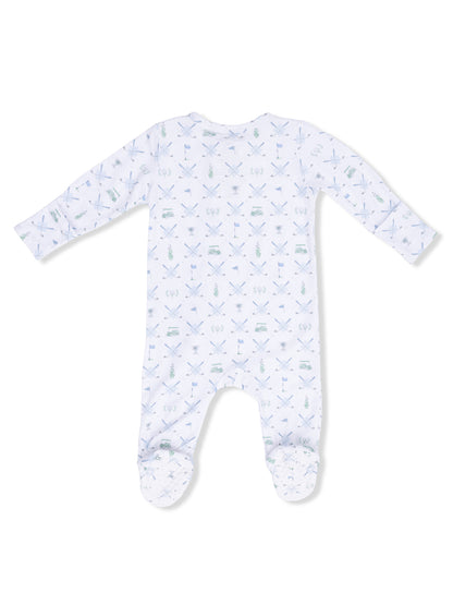 White baby onesie with colorful marine-themed patterns, featuring long sleeves and footed design.