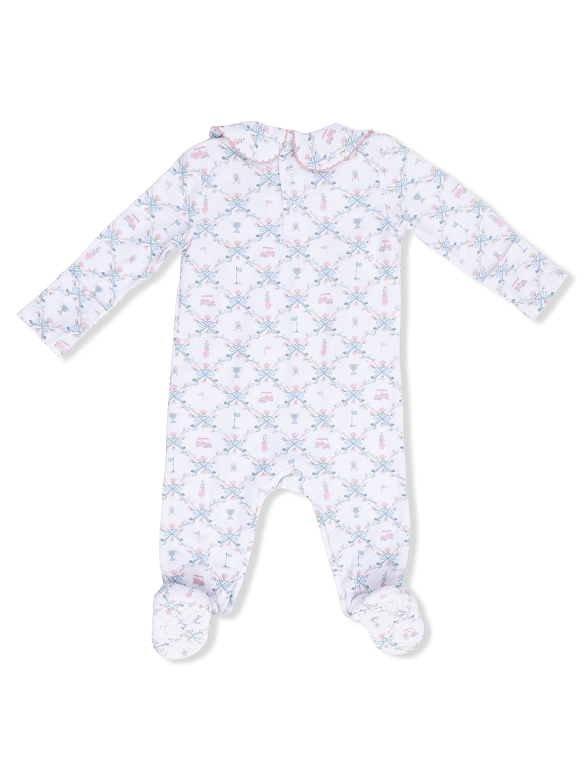 White baby onesie with floral pattern and ruffled collar, featuring footed legs for warmth.