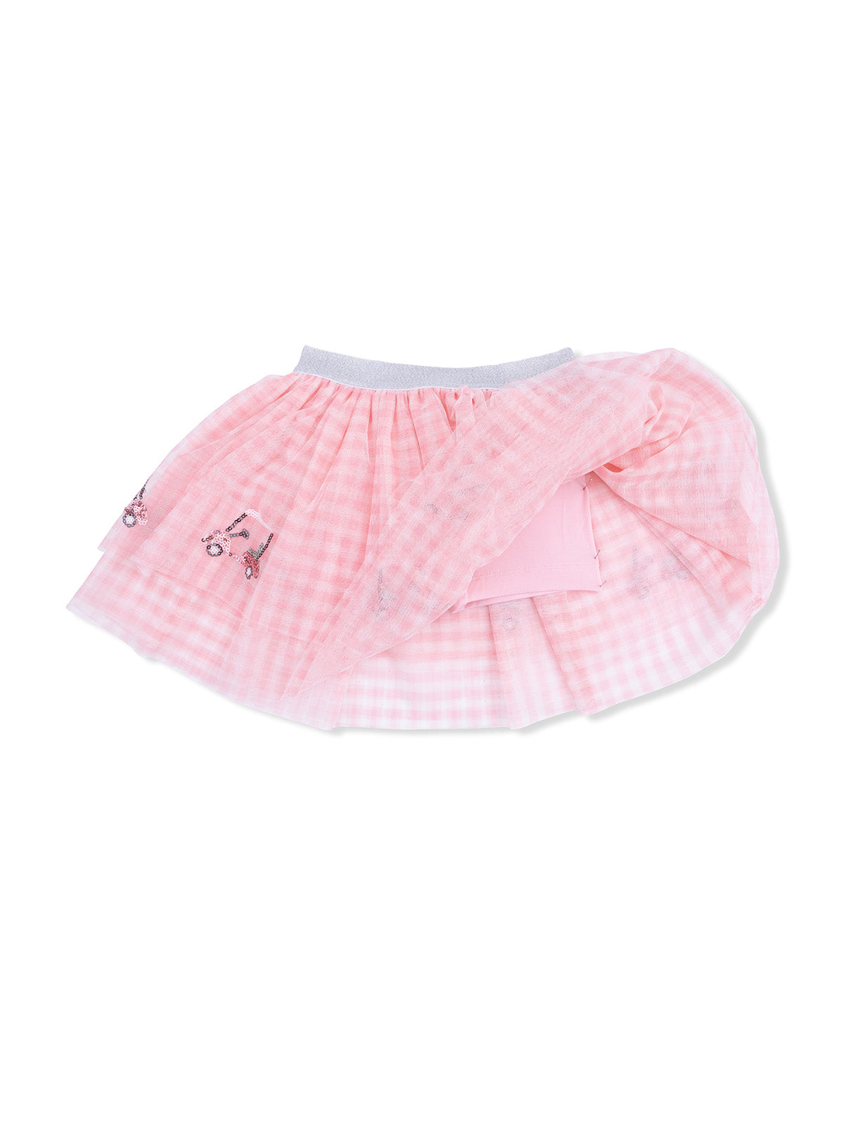 Pink gingham skirt with a gray waistband and embroidered details, perfect for girls' casual outfits.