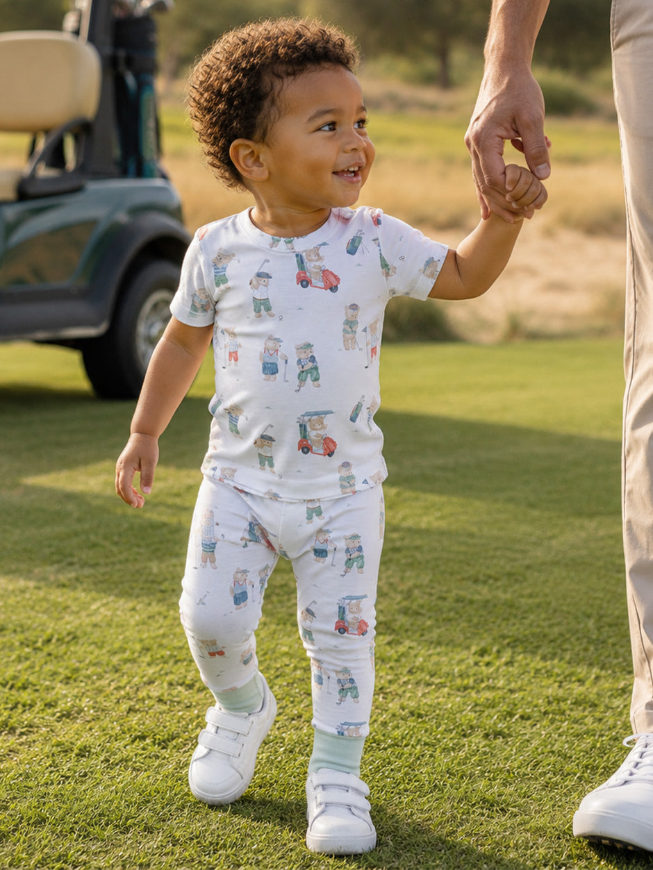 Short Sleeve Loungewear Set, Golfing Teddy Bears