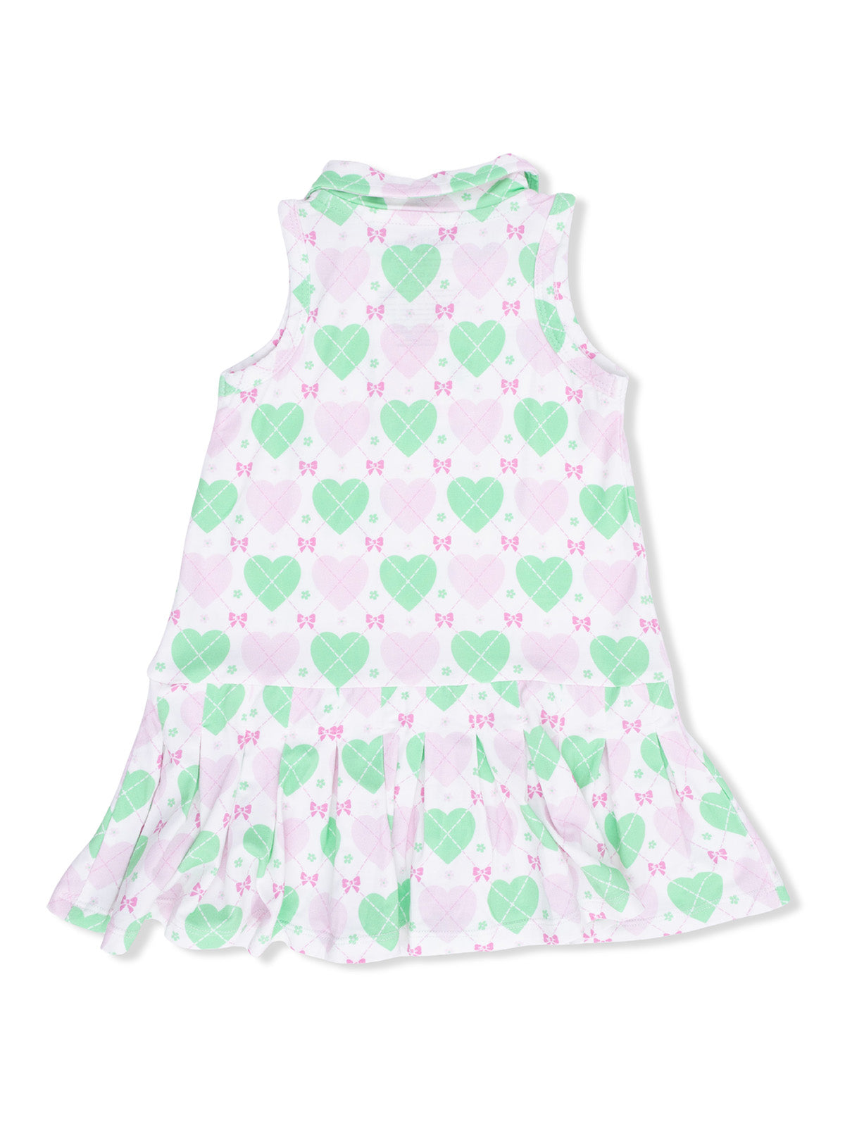 Back view of a sleeveless dress with a heart and bow pattern in green and pink.
