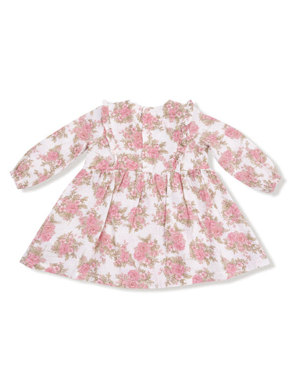 Floral-patterned toddler dress with long sleeves and ruffled neckline, featuring pink roses on a white background.