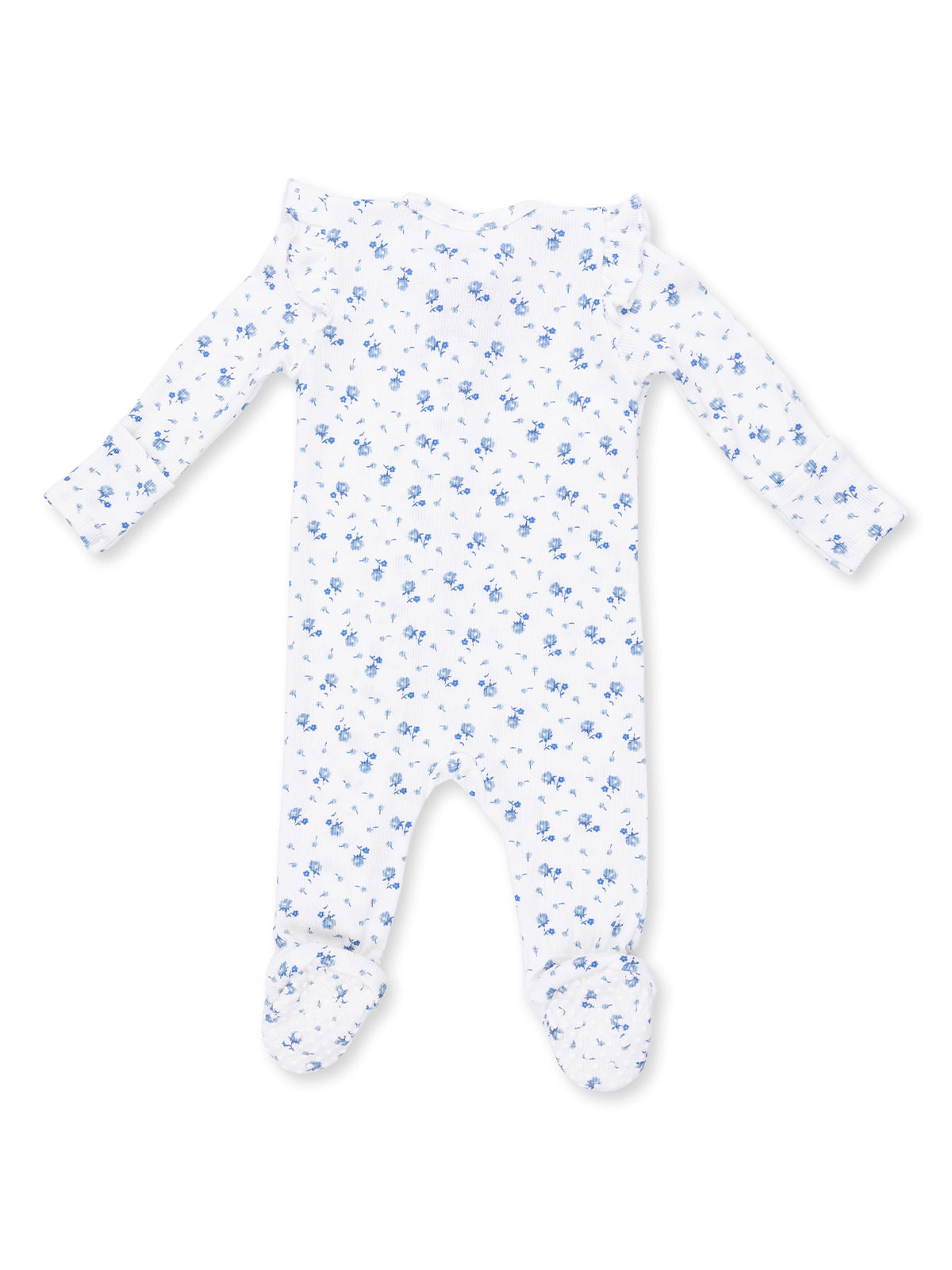 White baby onesie with blue floral pattern and long sleeves.