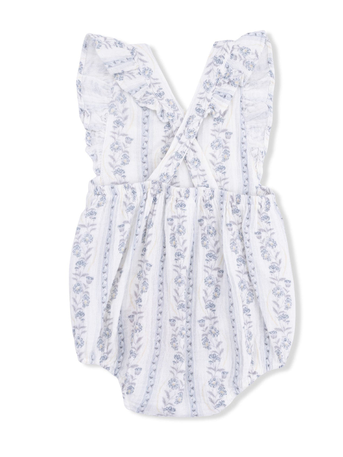 White floral romper with blue detailing and ruffled sleeves, designed for infants and toddlers.