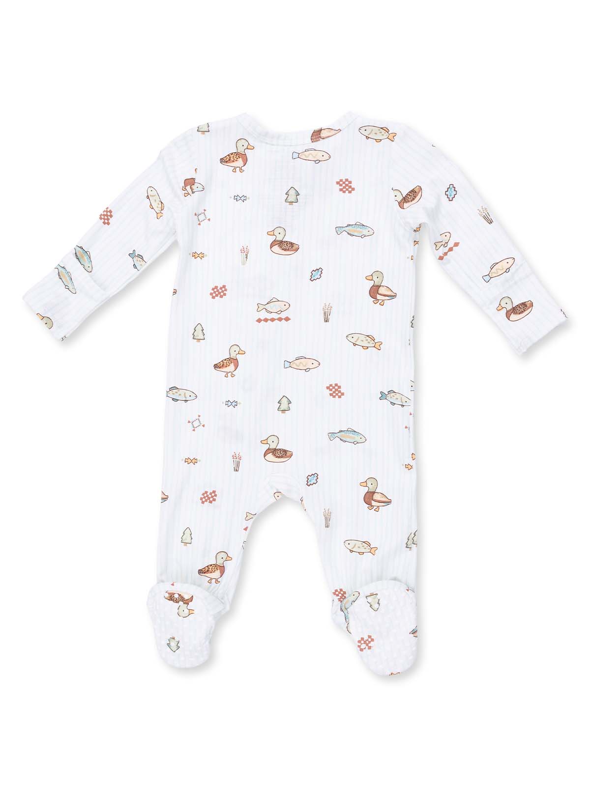 White onesie with playful duck and fish patterns, featuring long sleeves and footed design.