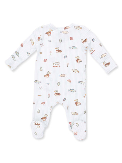 White onesie with playful duck and fish patterns, featuring long sleeves and footed design.