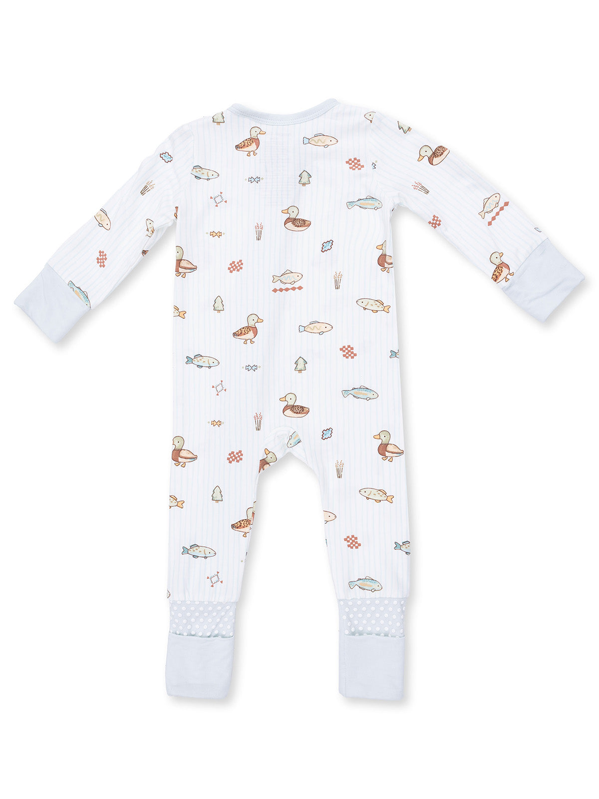 Back view of a white baby onesie with colorful fish and duck patterns. Soft fabric with blue accents on cuffs.