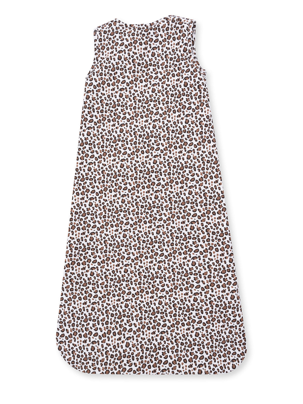 Sleeveless leopard print dress with a white background, featuring brown and black spots. Ideal for warm weather.
