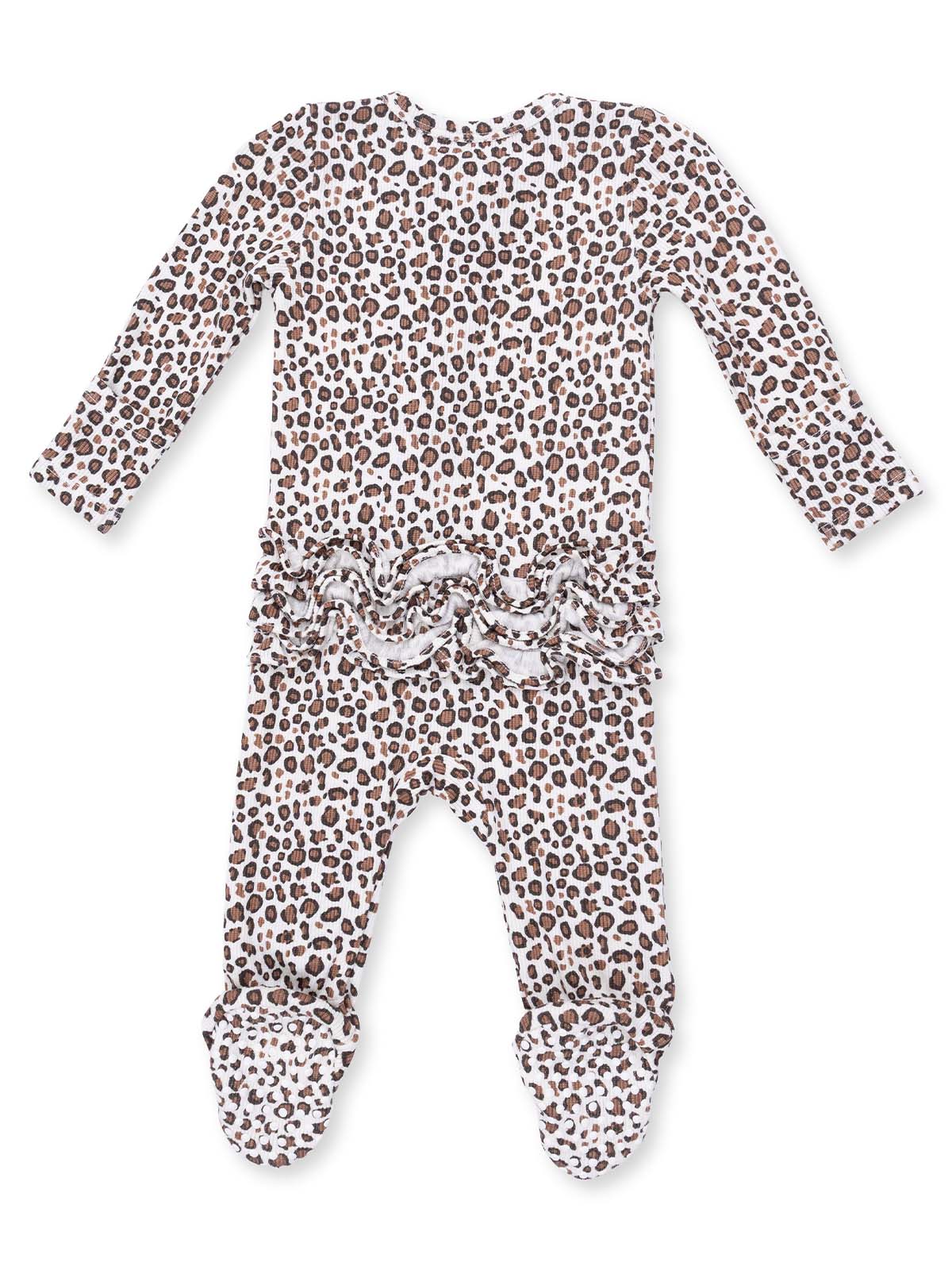 Leopard print baby onesie with ruffle detail and footed legs, viewed from the back.