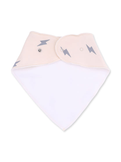 Light pink bib with gray lightning bolt design, featuring snap closure for adjustable fit.