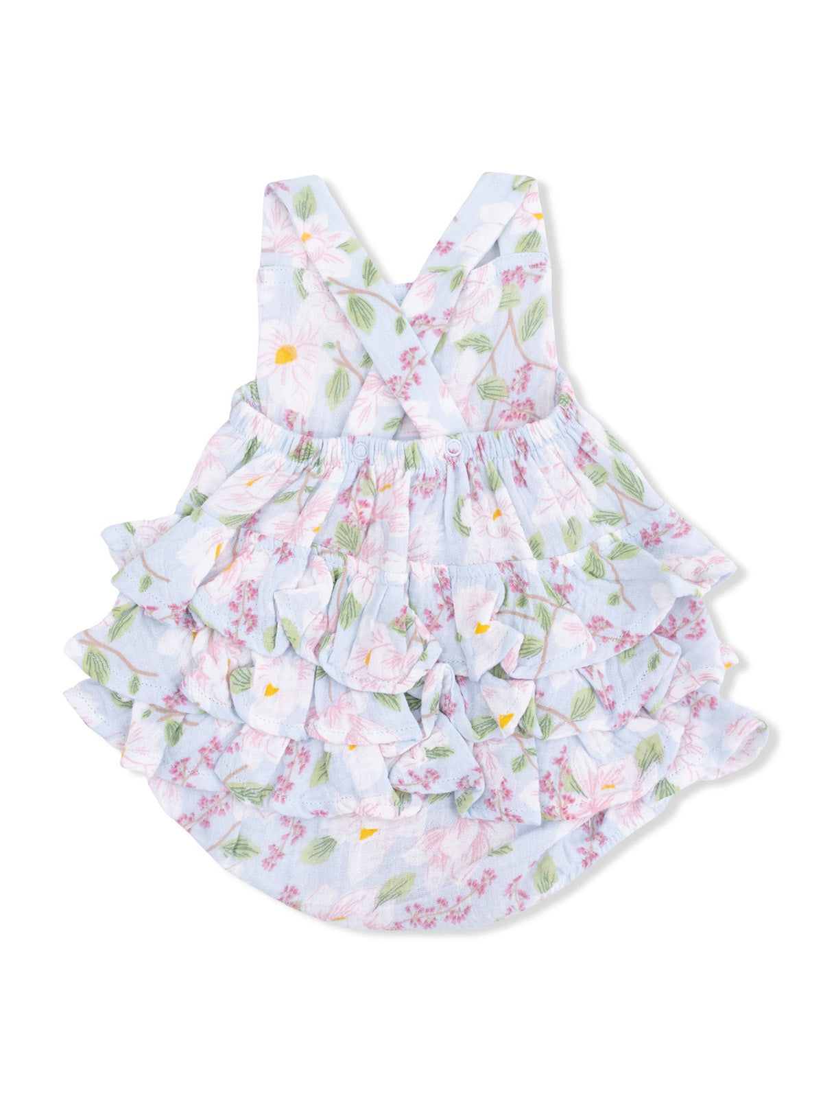 Floral children's dress with ruffles and crossback design in light blue, featuring pink and white flowers.