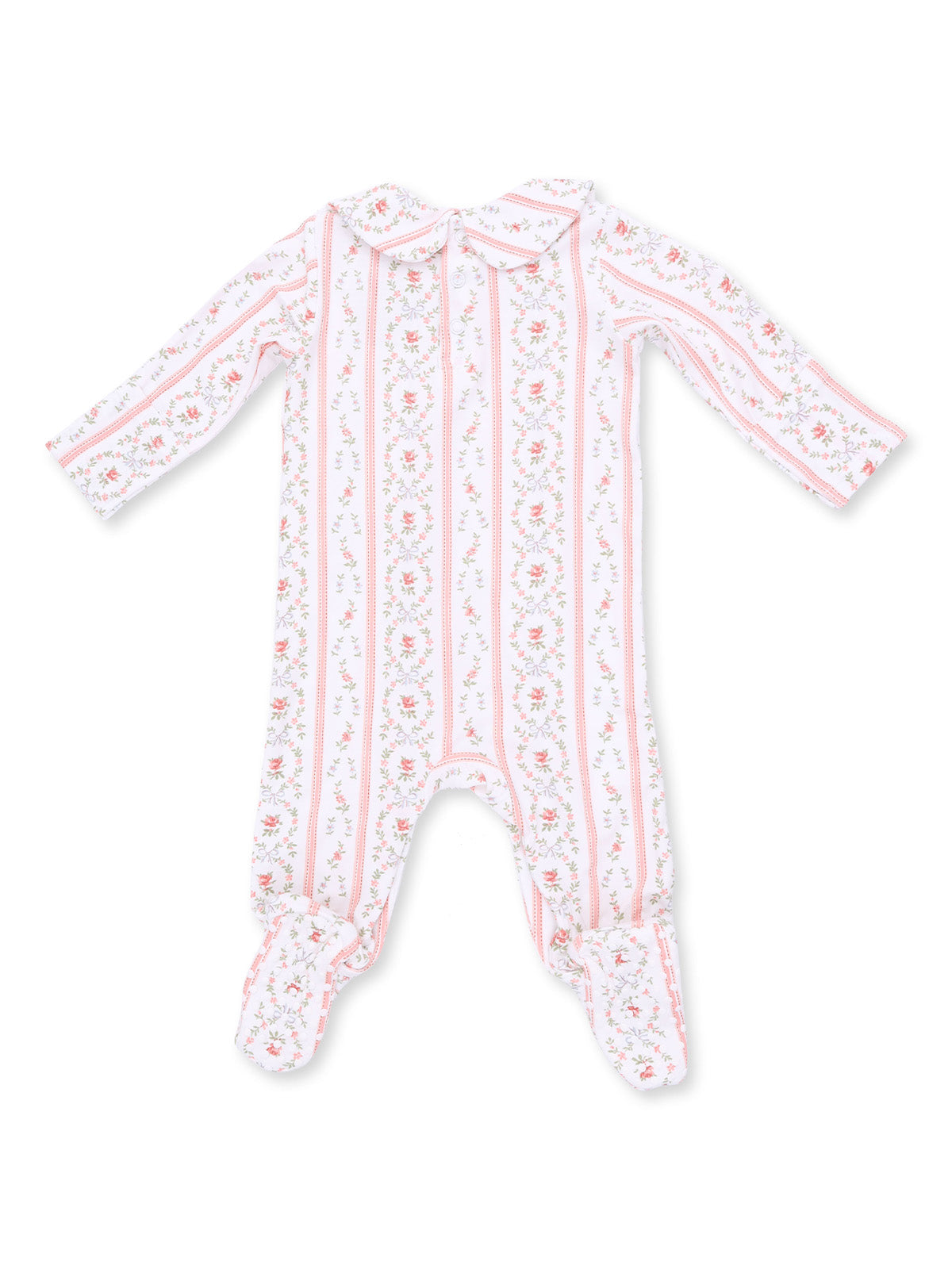 Floral-patterned baby onesie with long sleeves and footed design, featuring a classic collar and soft pastel colors.