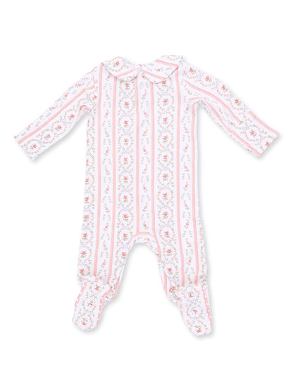 Floral-patterned baby onesie with long sleeves and footed design, featuring a classic collar and soft pastel colors.