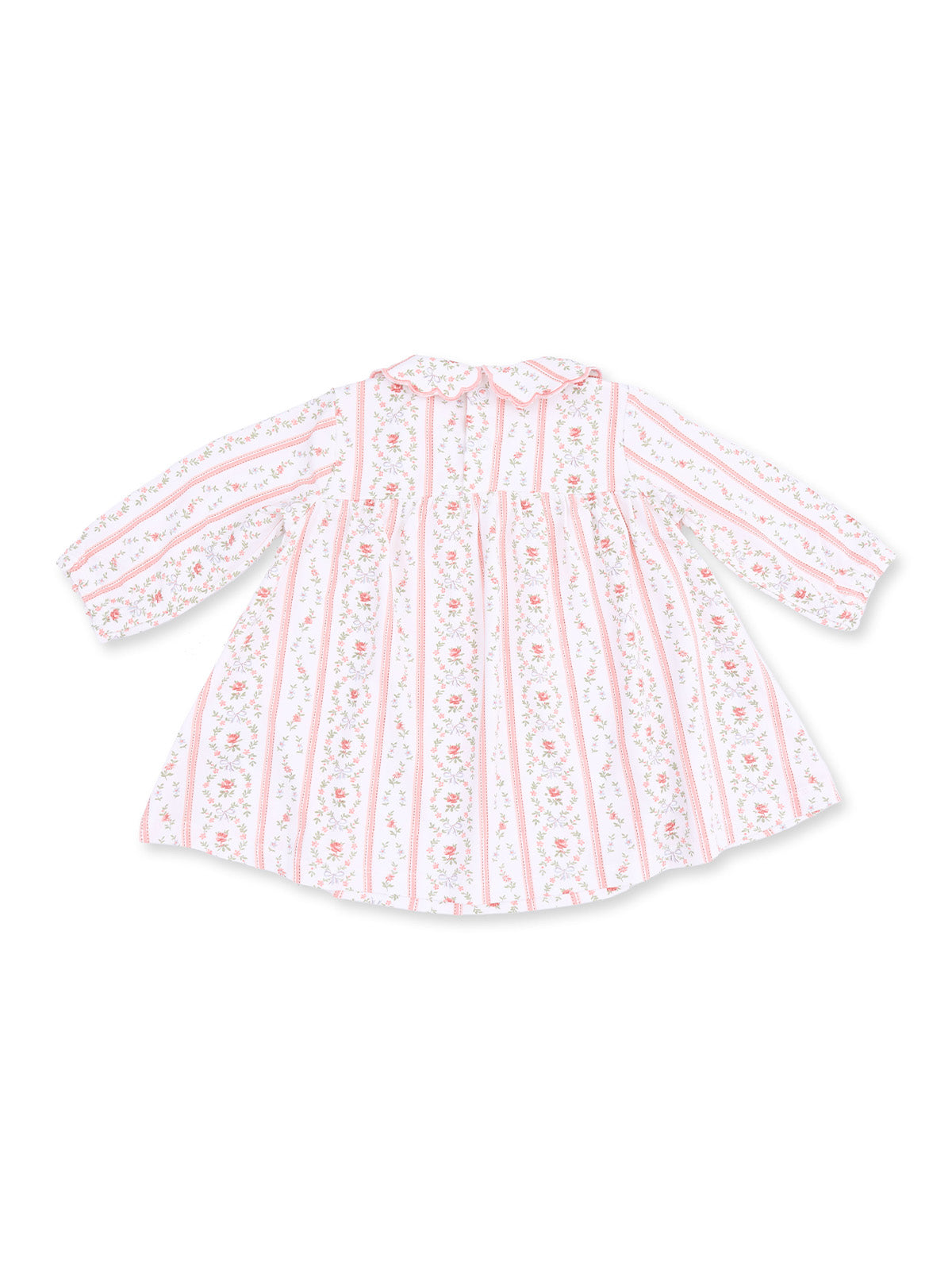 Pink and white floral baby dress with long sleeves and a collar, featuring a striped pattern.