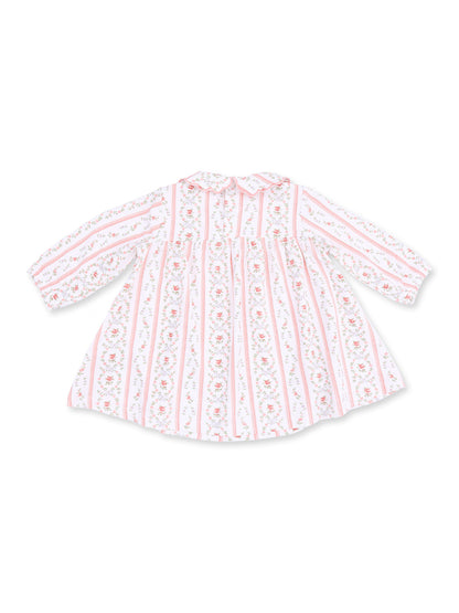 Pink and white floral baby dress with long sleeves and a collar, featuring a striped pattern.